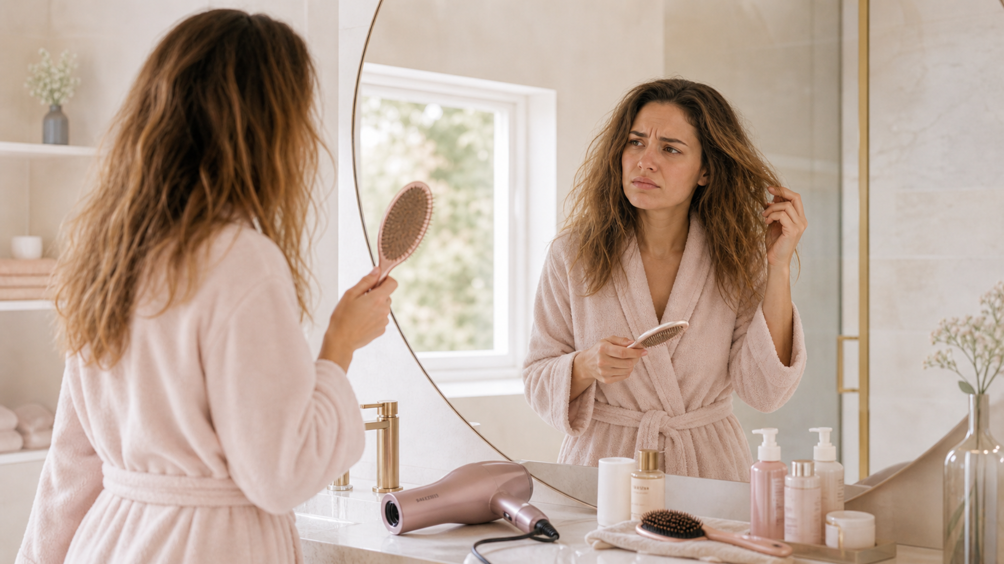 Femme devant le miroir avec cheveux gonflés par l’humidité