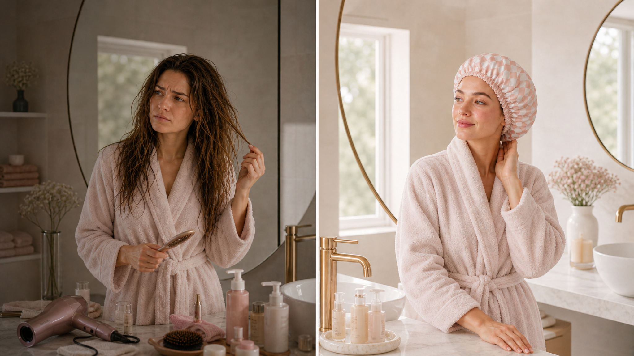 Avant après Dryva cheveux exposés à l’humidité et cheveux protégés