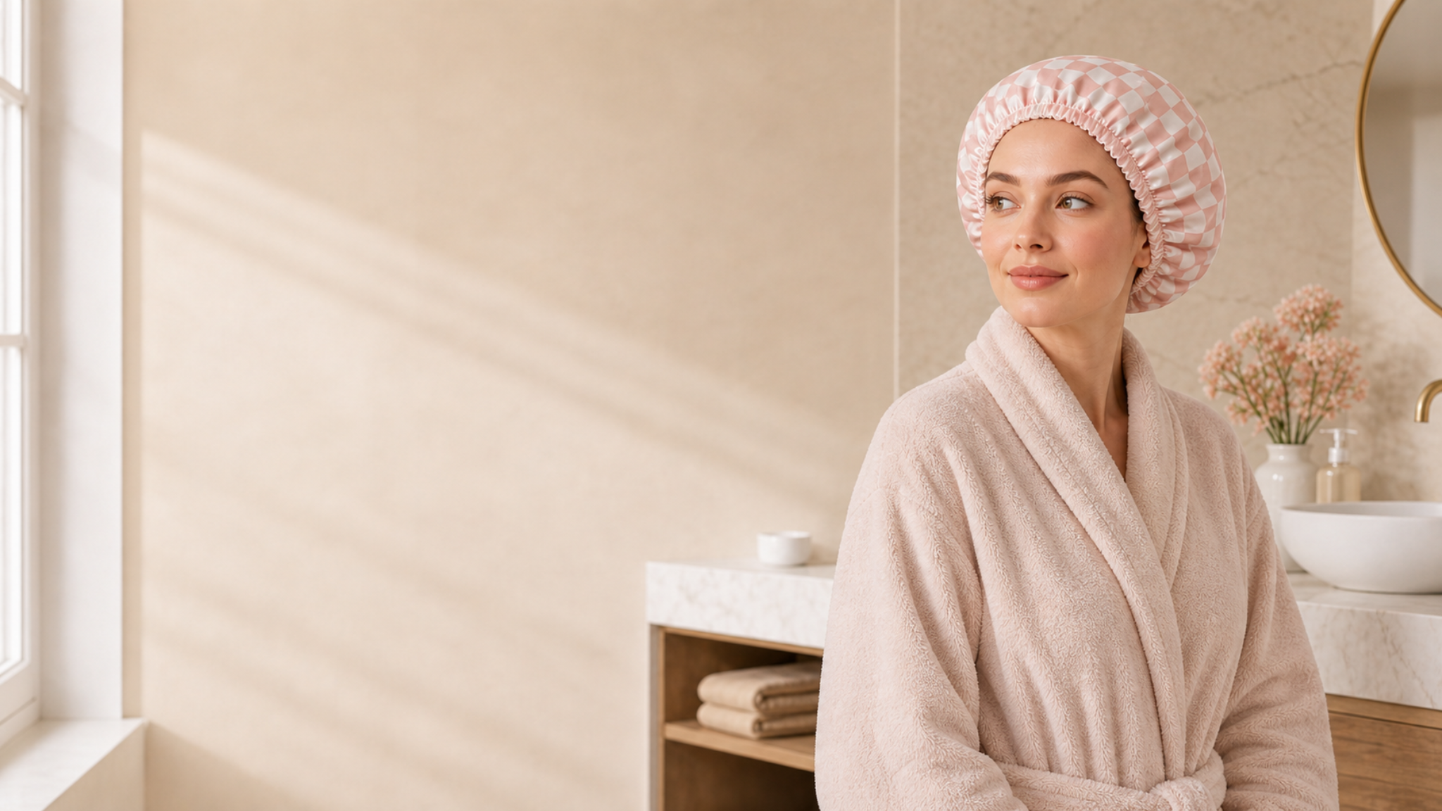 Image hero Dryva avec espace vide à gauche et femme portant le bonnet
