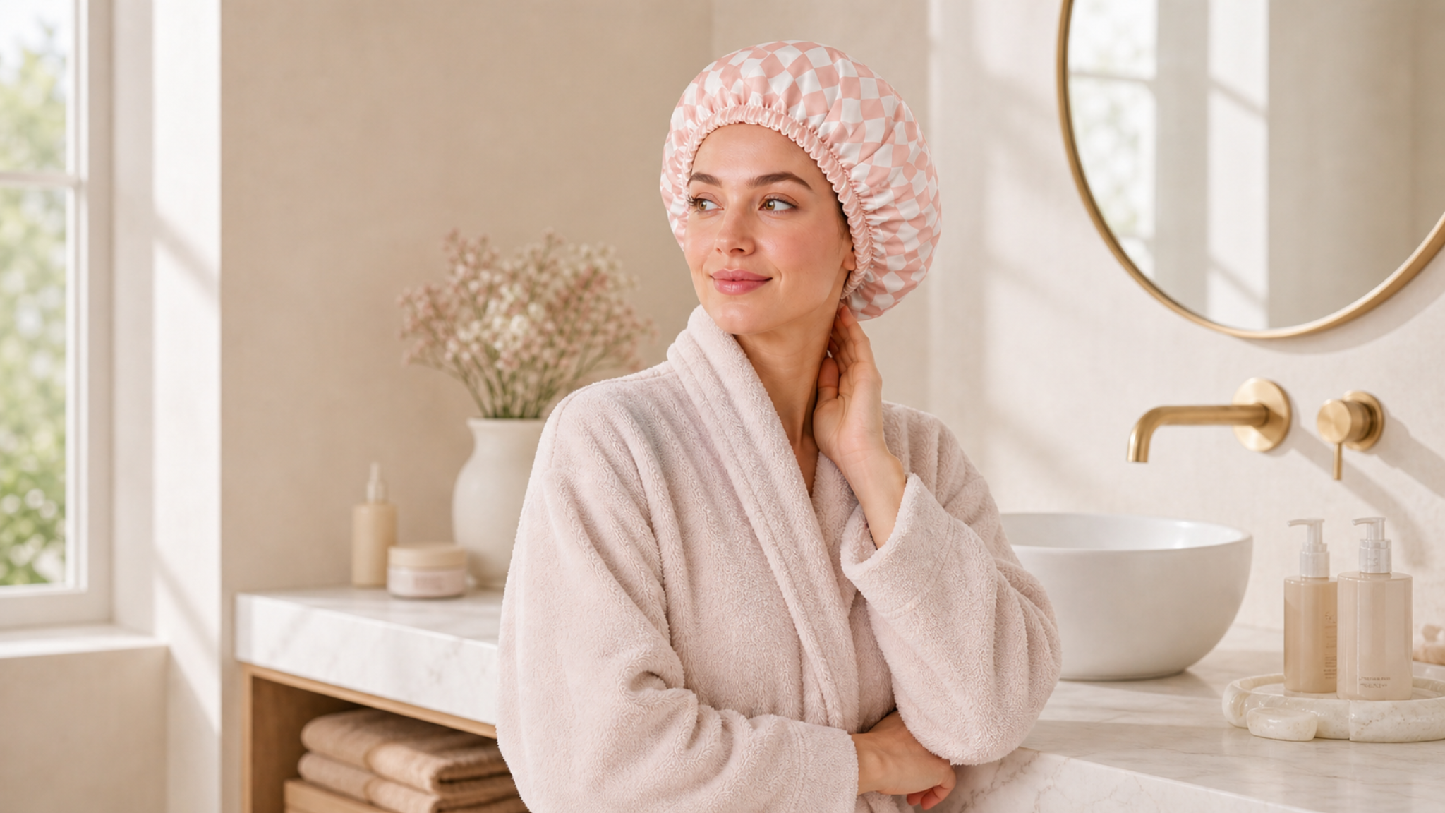 Femme portant le bonnet Dryva dans une salle de bain lumineuse